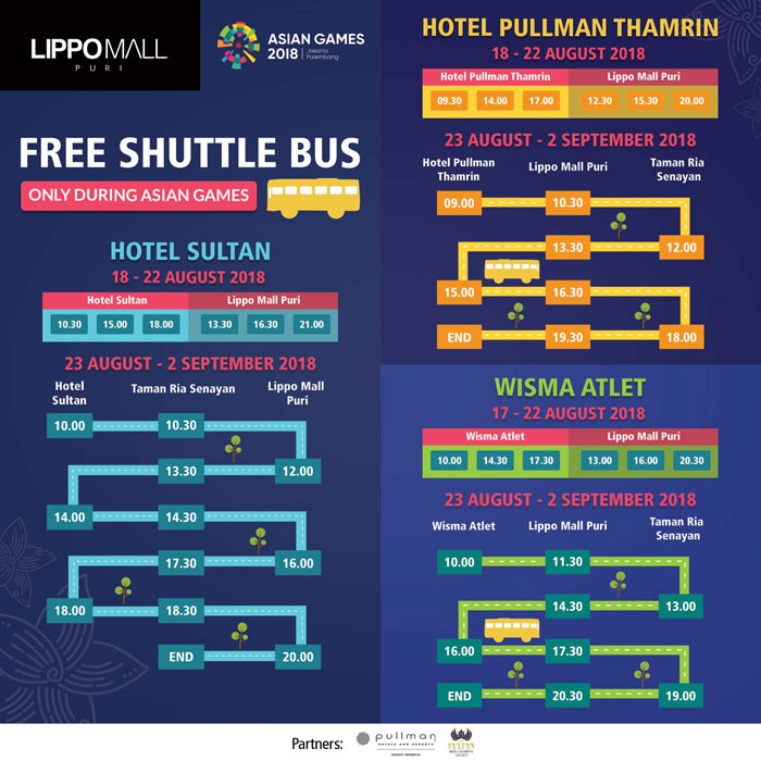 asian games free shuttle bus to sultan hotel, pullman hotel, and wisma atlet in lippo mall puri st. moritz